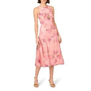 Aidan Mattox By Adrianna Papell 3D Embroidered Pink Multi Midi Dress Size 10